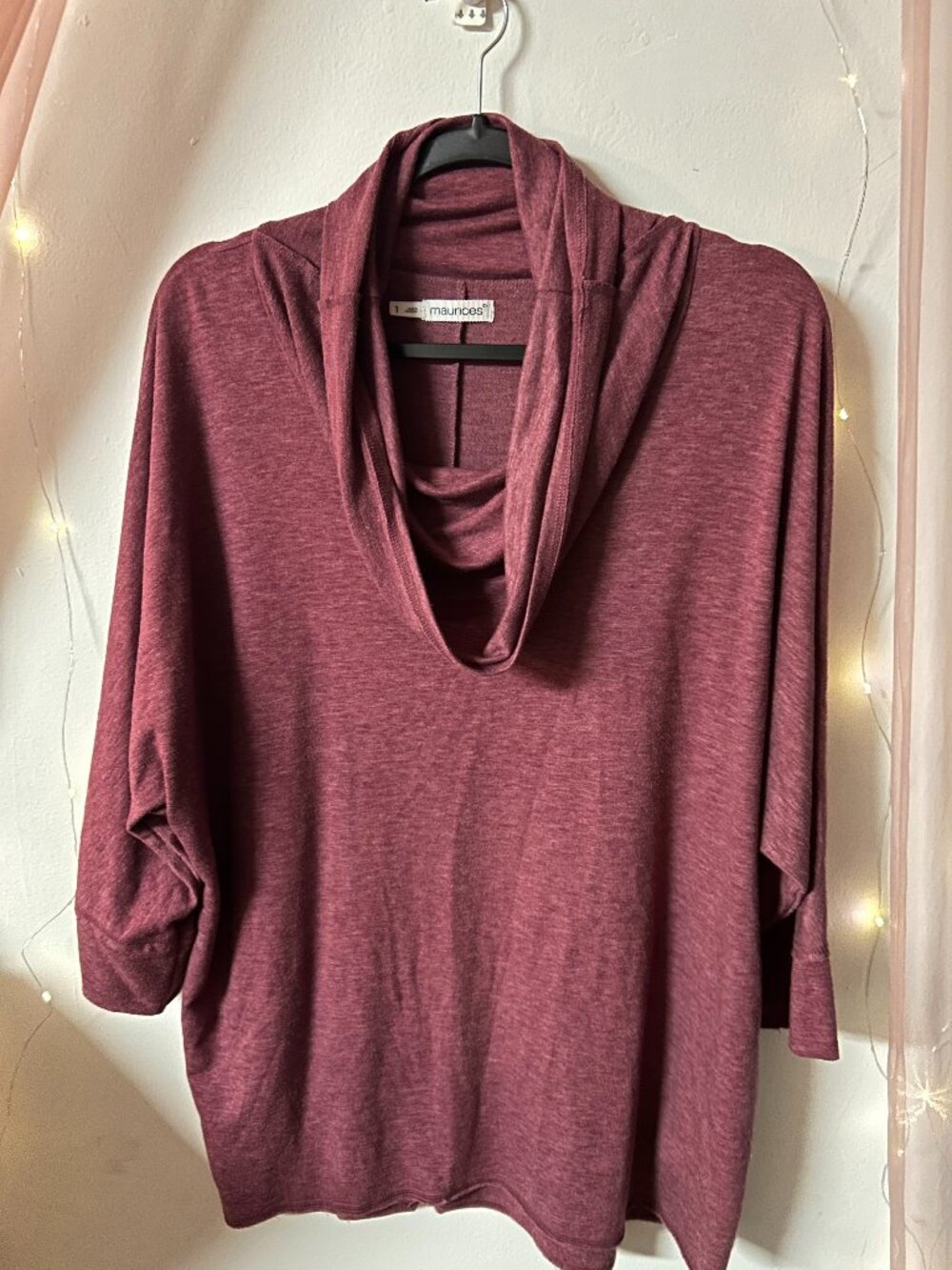 Maurice's Cowl Neck 3/4 Sleeve Knit Top | Heathered Burgundy | Size 1 (Plus)